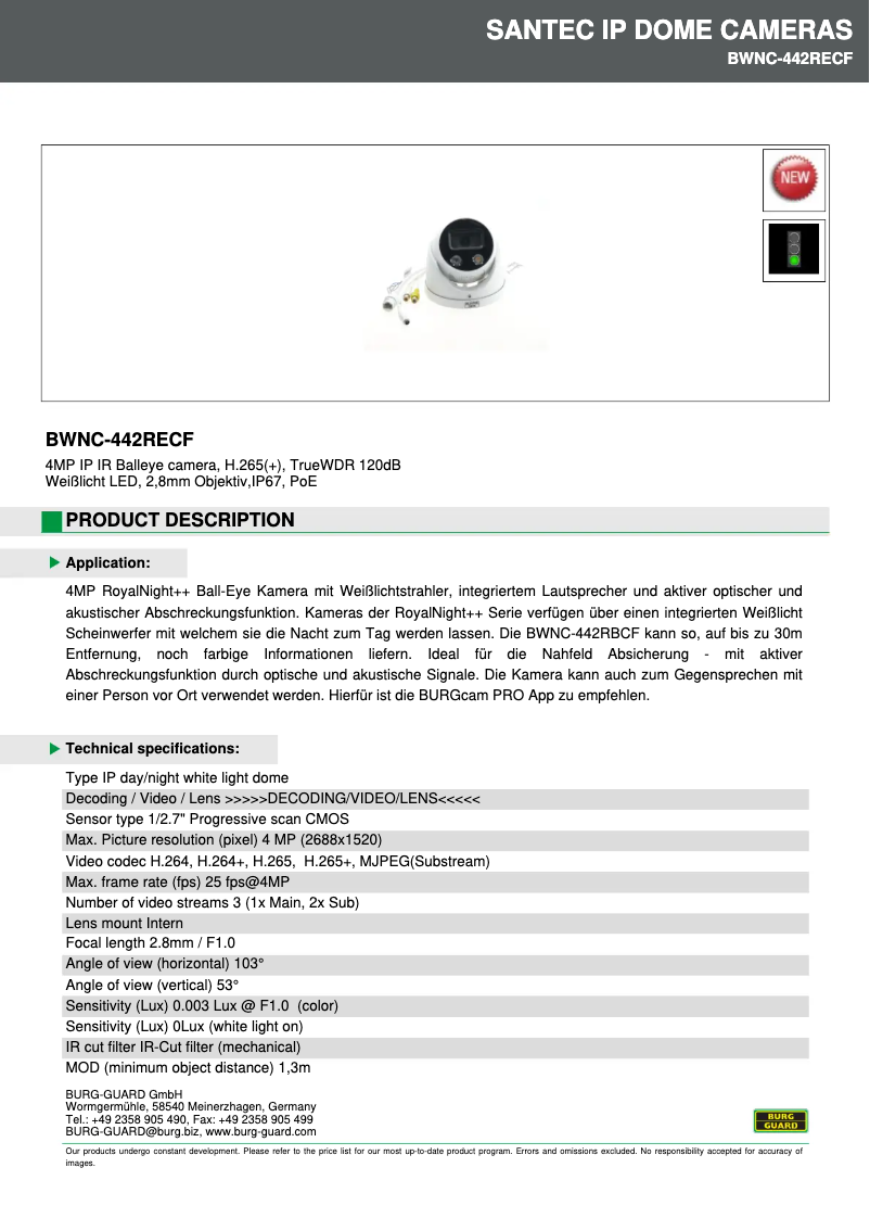 Page 1 de la notice Fiche technique Burg Wächter BWNC-442RECF