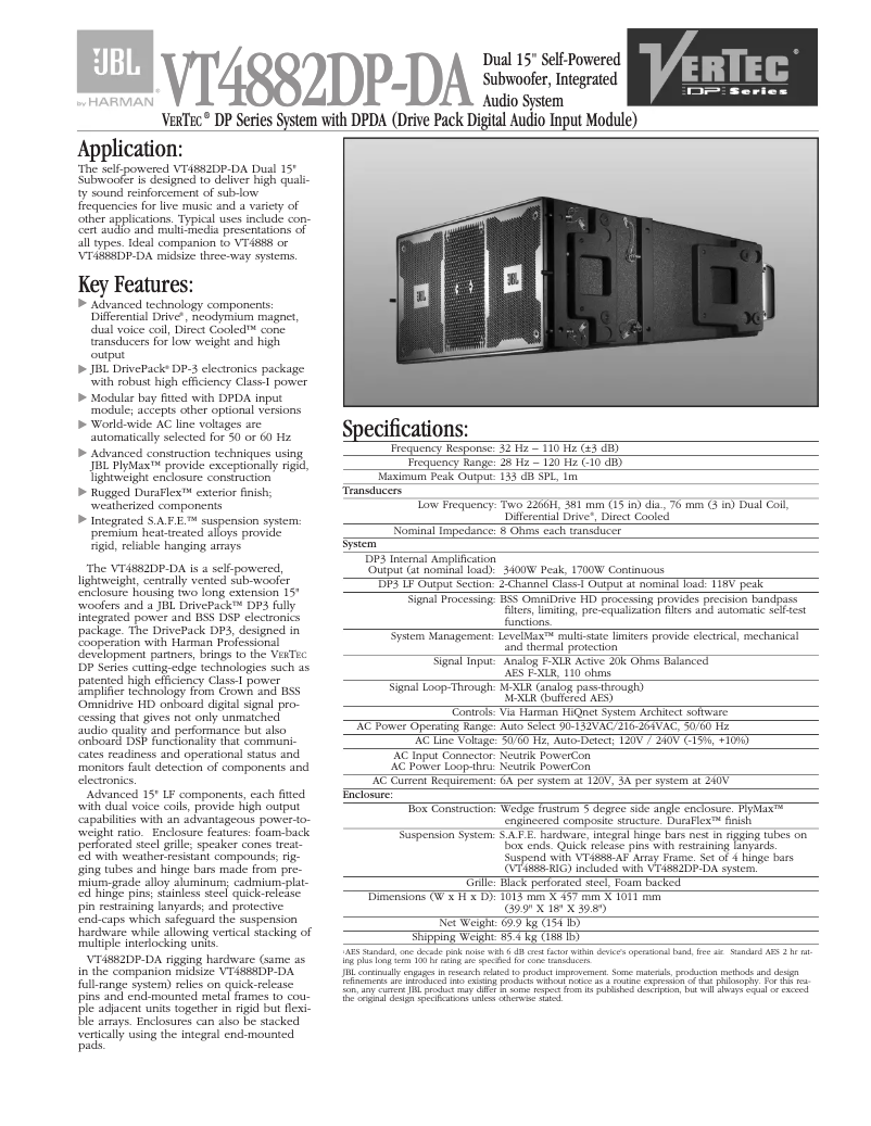 Page 1 de la notice Fiche technique JBL VT4882DP
