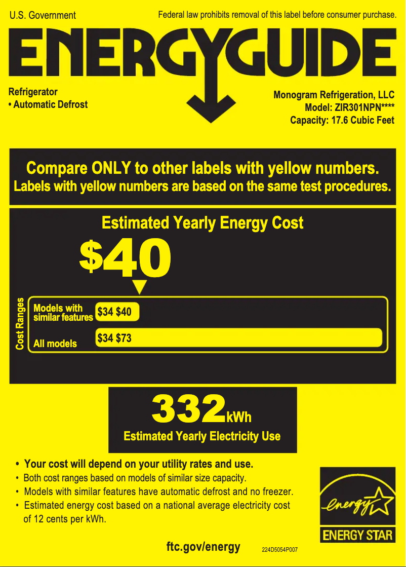 Page 1 de la notice Label énergétique Monogram ZIR301NPNII