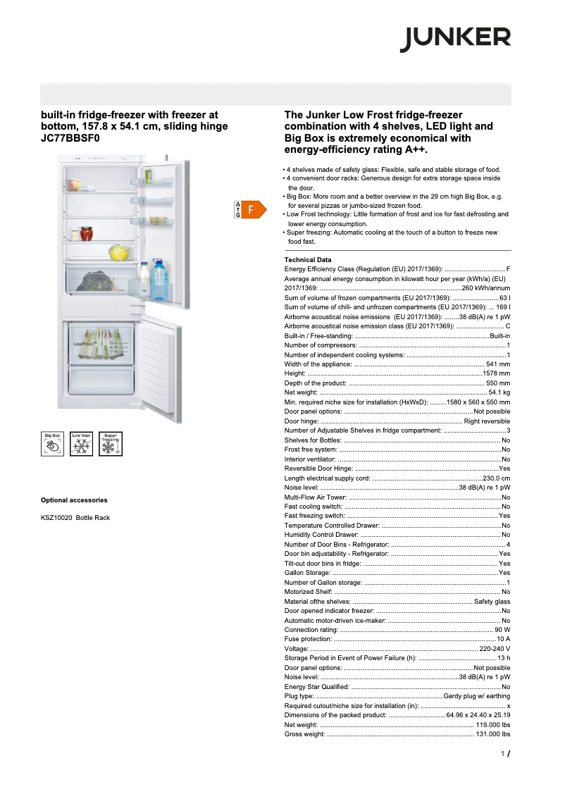 Page 1 de la notice Fiche technique Junker JC77BBSF0