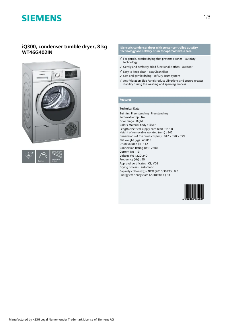 Image de la première page du manuel de l'appareil WT46G402IN