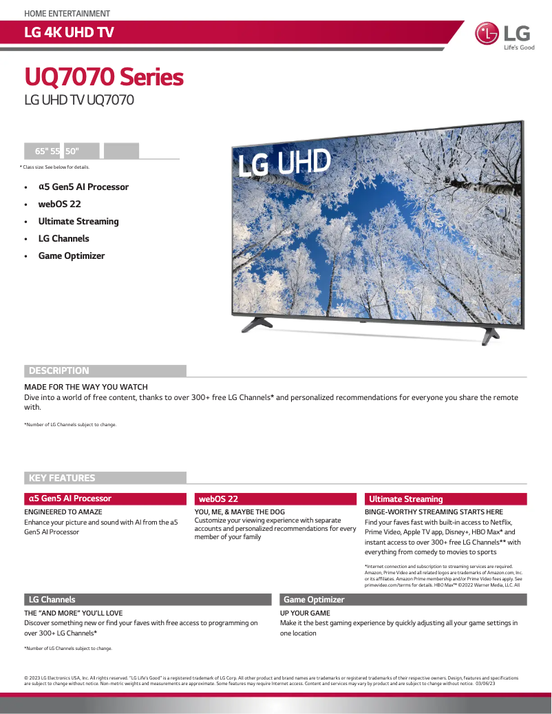 Page 1 de la notice Fiche technique LG 65UQ7070ZUE