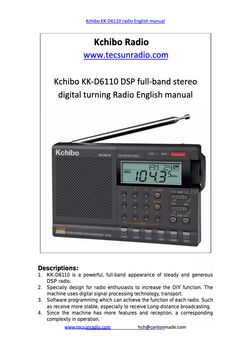 Page n°1 - Manuel utilisateur Tecsun Kchibo KK-D6110