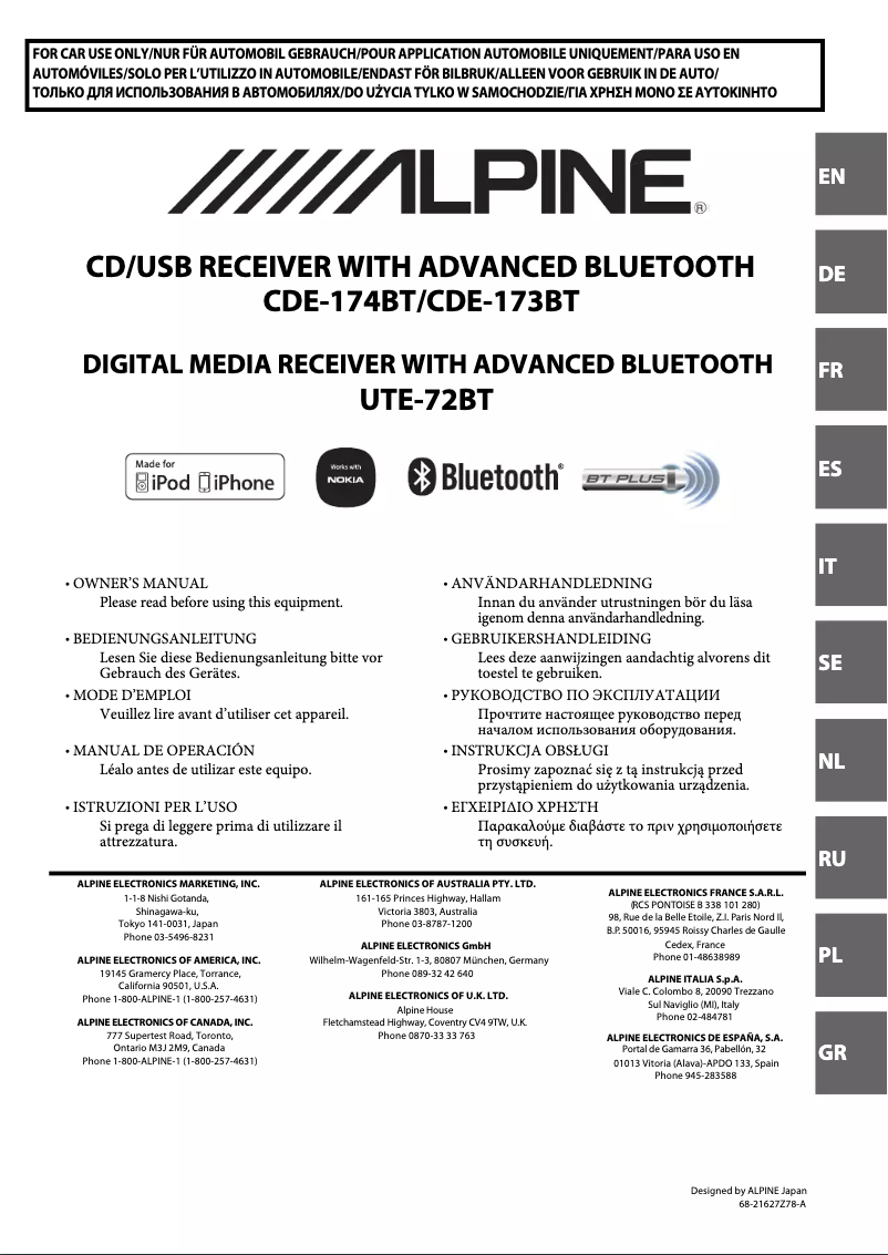Página 1 del manual Manual de usuario Alpine UTE-72BT