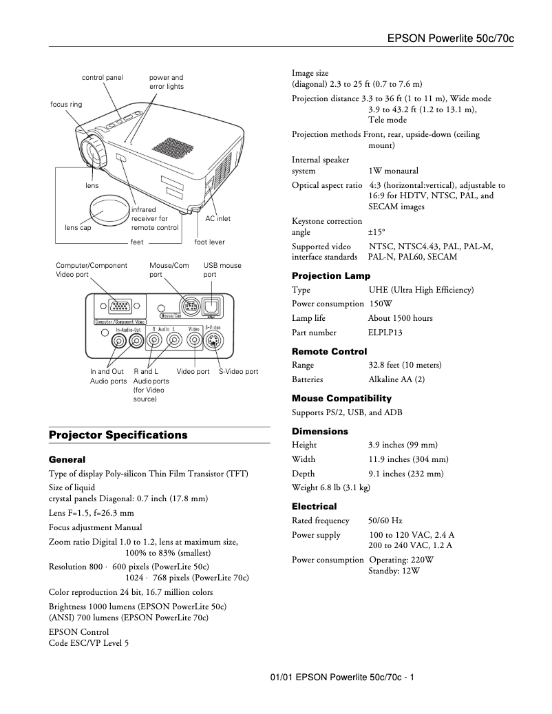 Imagen de la primera página del manual del dispositivo PowerLite 50c