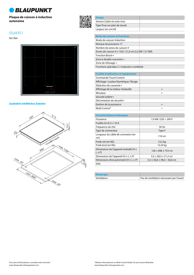 Page 1 de la notice Fiche technique Blaupunkt 5IL64351