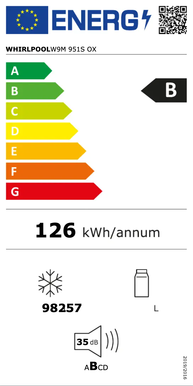 Page 1 de la notice Label énergétique Whirlpool W9M 951S OX