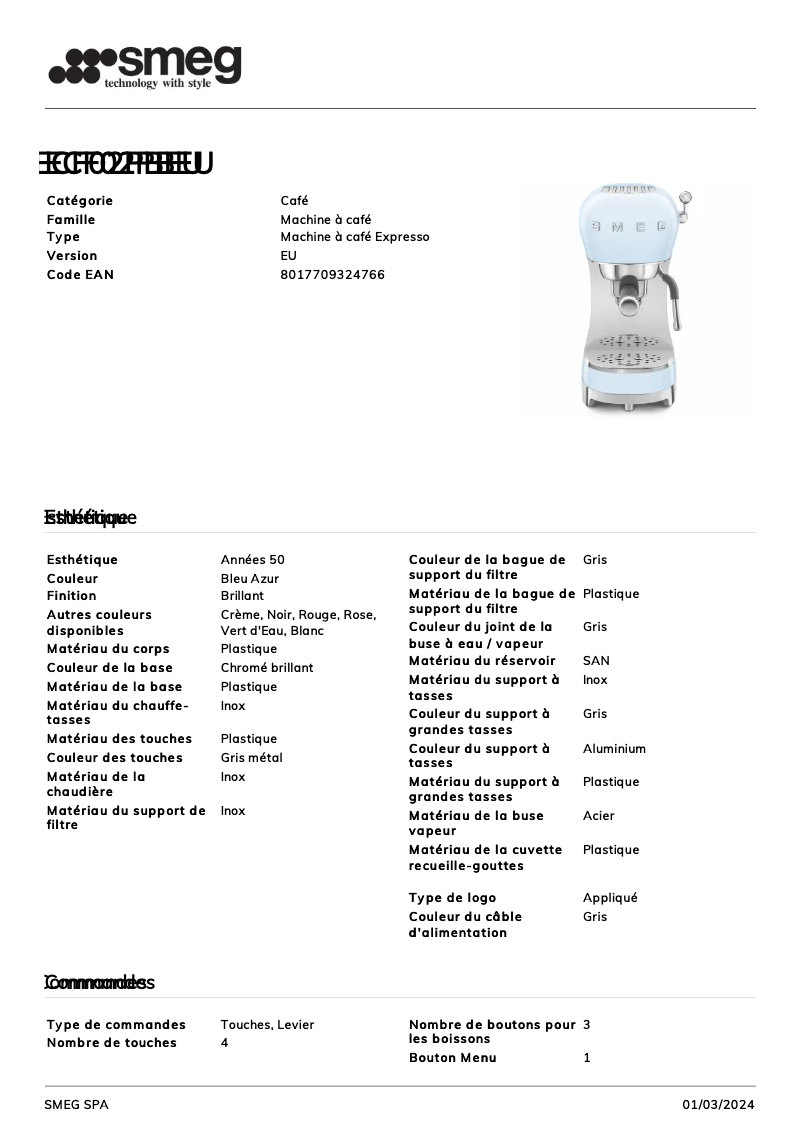 Page n°1 - Fiche technique Smeg ECF02