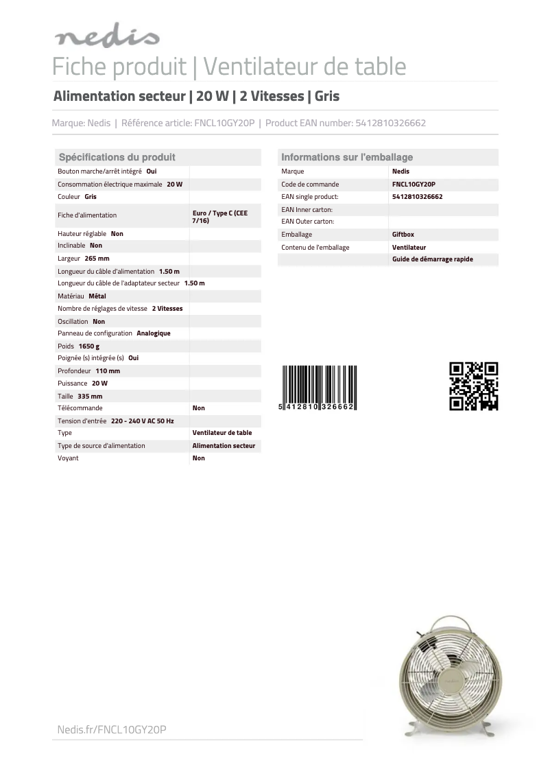 Page n°1 - Manuel utilisateur Nedis FNCL10GY20P