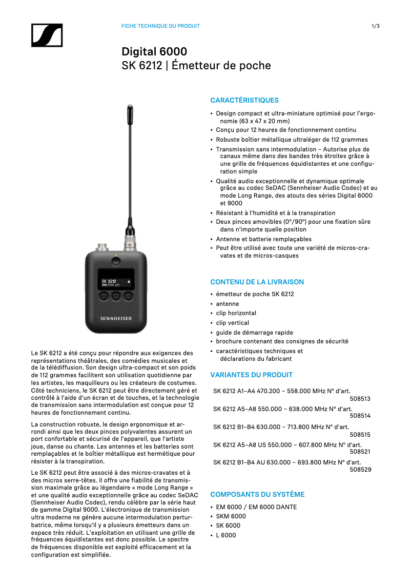 Page 1 de la notice Fiche technique Sennheiser SK 6212