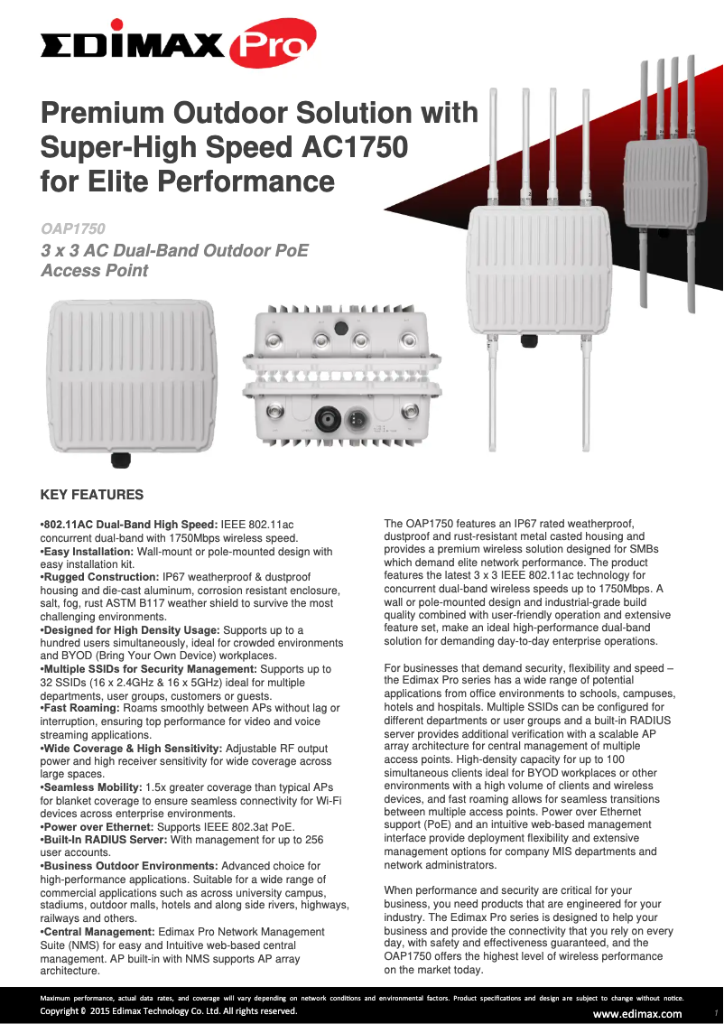 Page 1 de la notice Fiche technique Edimax OAP1750