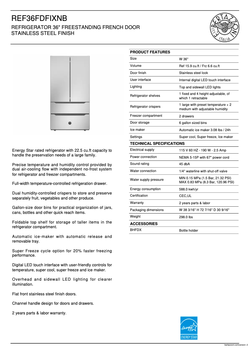 Page 1 de la notice Fiche technique Bertazzoni REF36FDFIXNB