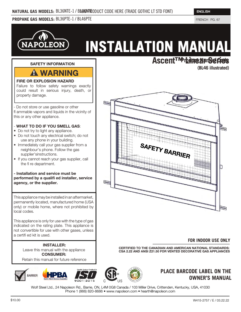 Page n°1 - Manuel utilisateur Napoleon Ascent Linear 36