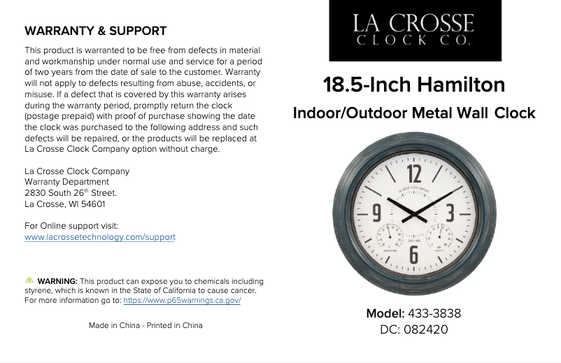 Page 1 de la notice Manuel utilisateur La Crosse Technology 433-3838