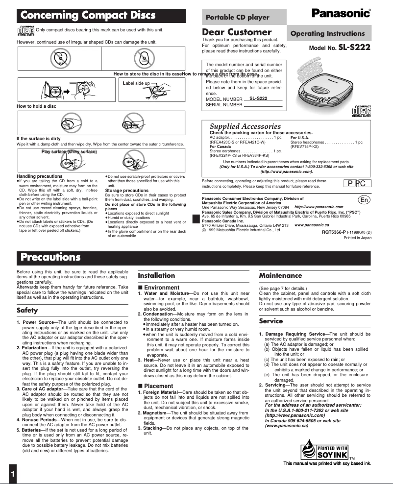 Page 1 de la notice Manuel utilisateur Panasonic SL-S222