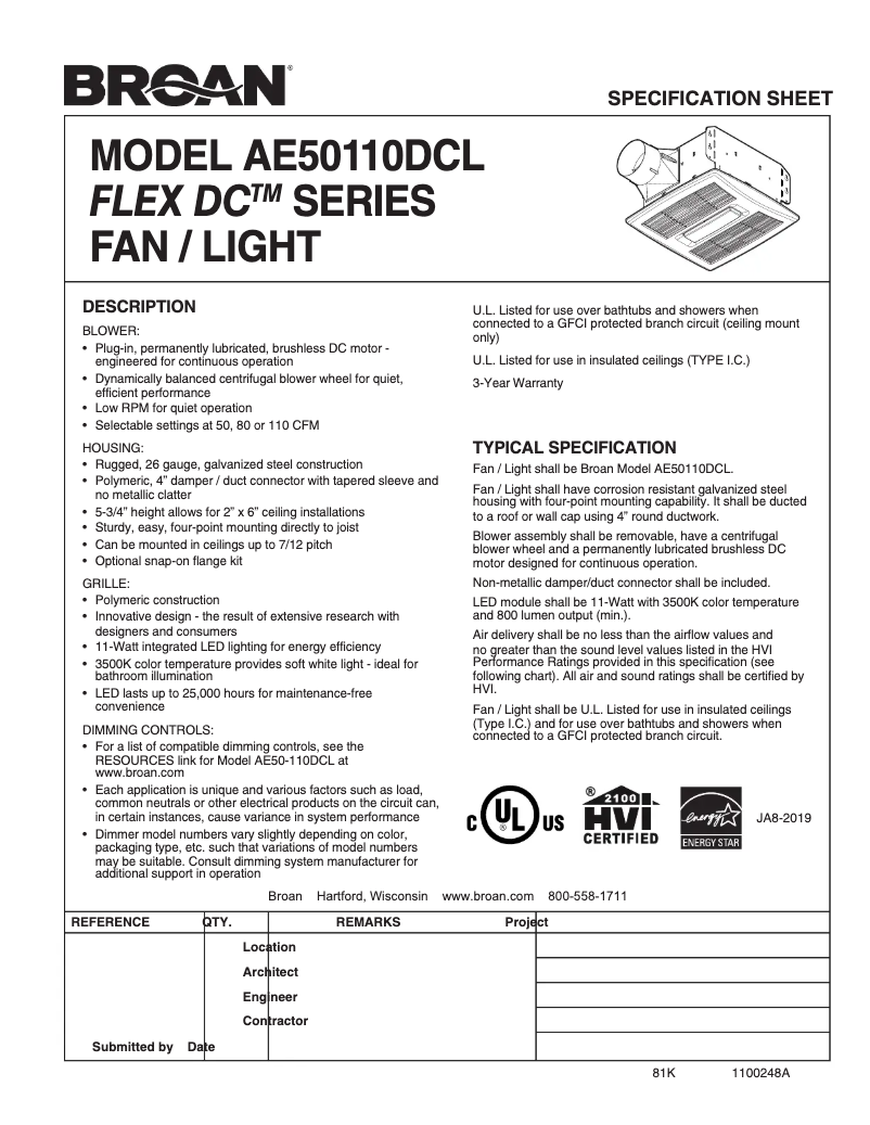 Page n°1 - Fiche technique Broan AE50110DCL