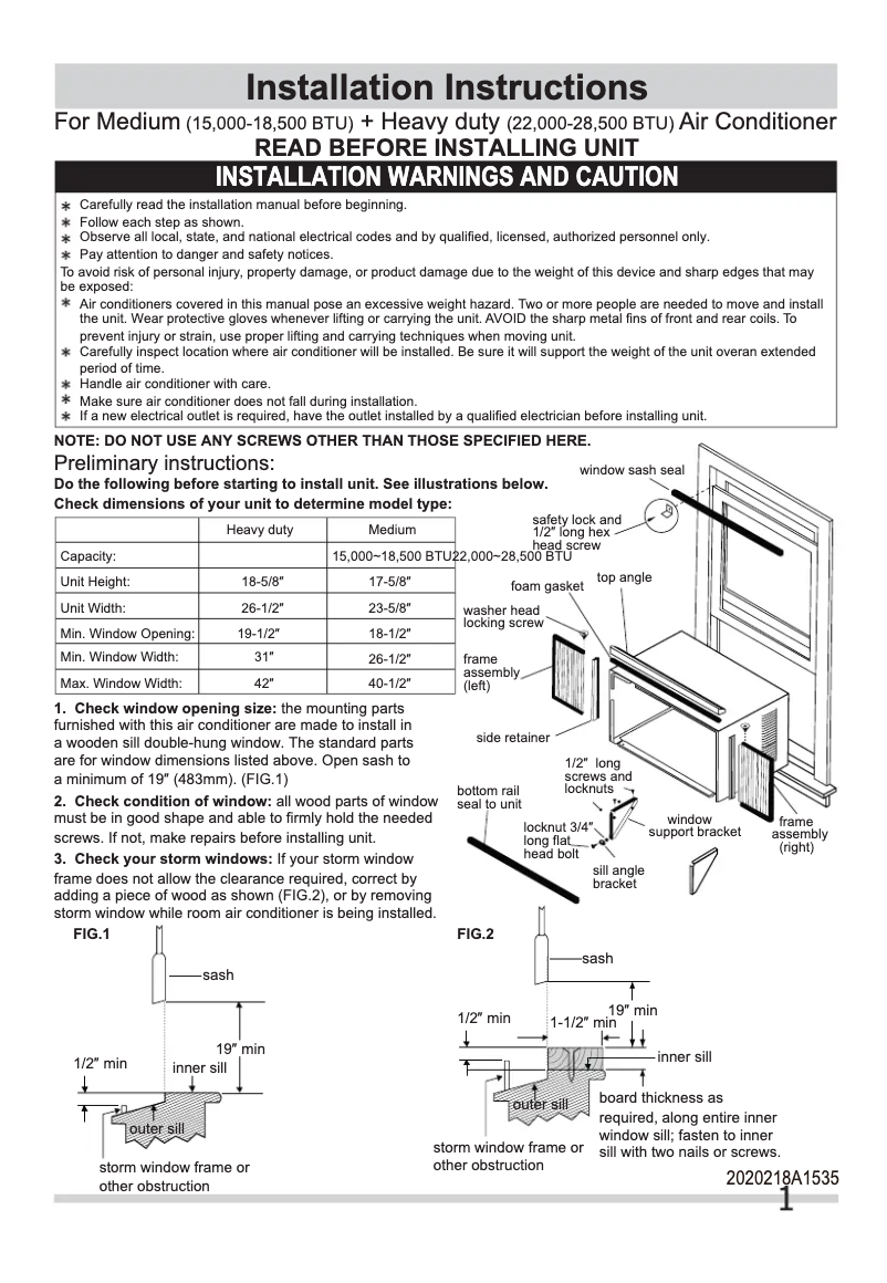 Page 1 de la notice Guide d'installation Frigidaire FFRH2522Q2