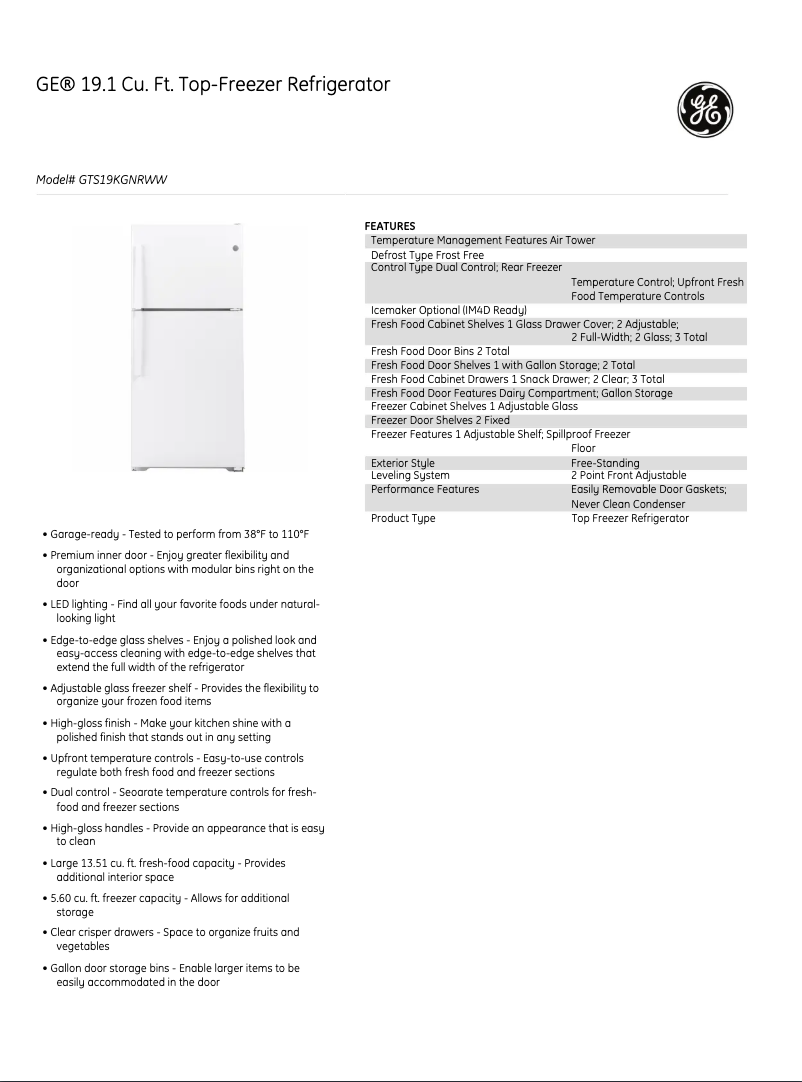 Imagen de la primera página del manual del dispositivo GTS19KGNRWW