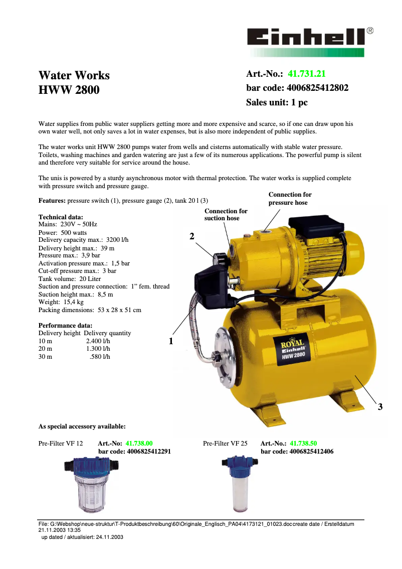 Page n°1 - Fiche technique Einhell Royal HWW 2800