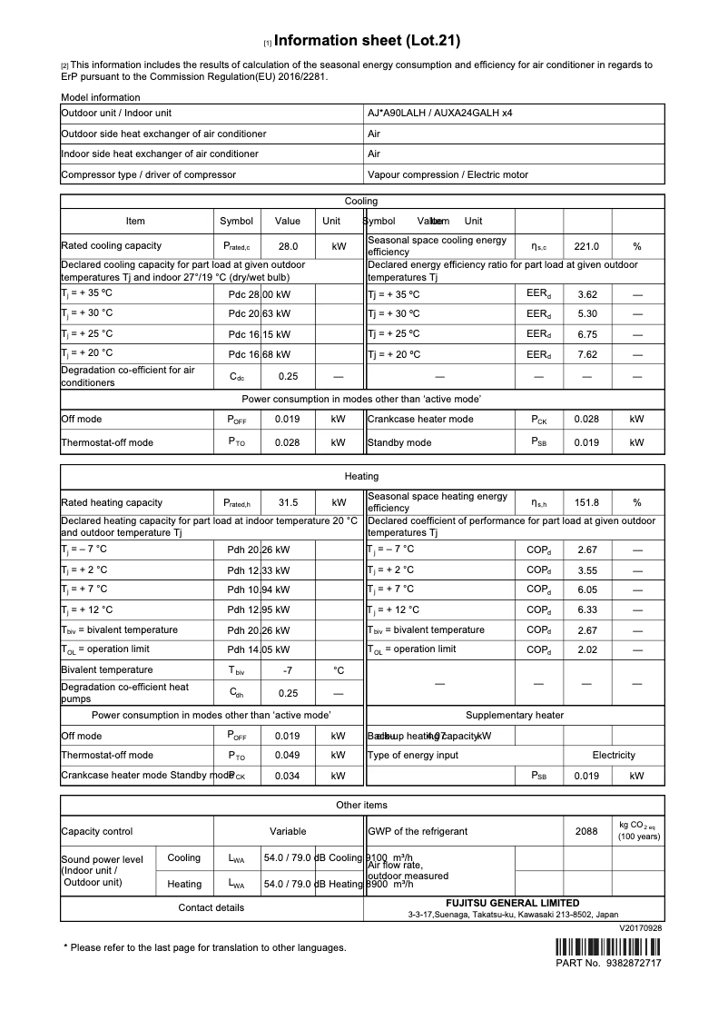 Page 1 de la notice Fiche technique Fujitsu Airstage AJYA90LALH
