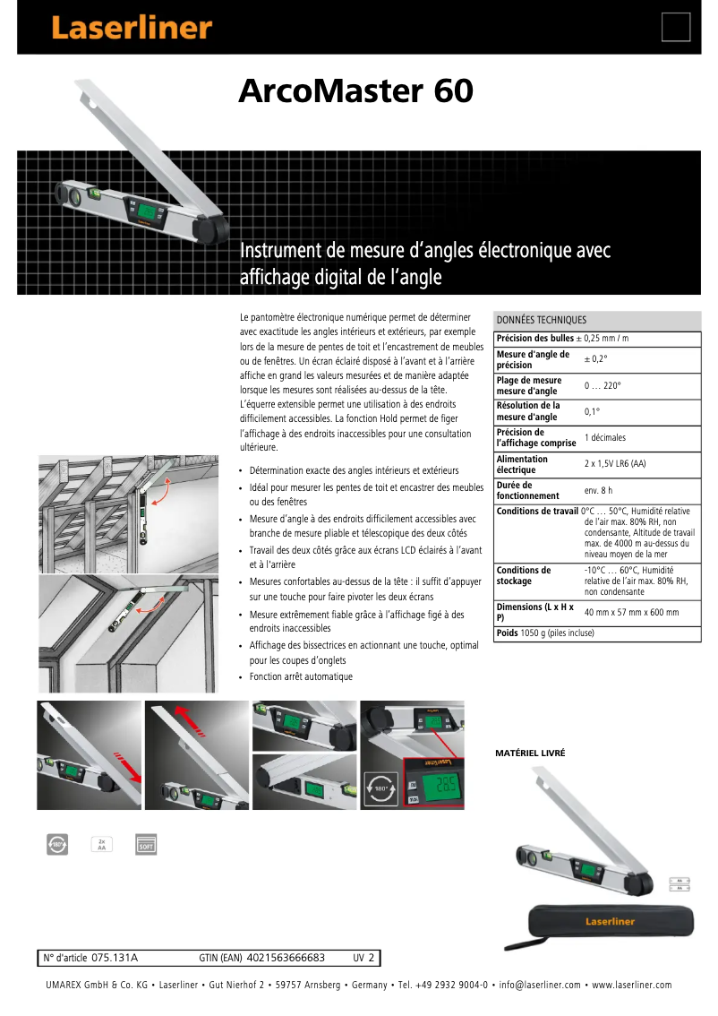 Page 1 de la notice Fiche technique Laserliner ArcoMaster 60