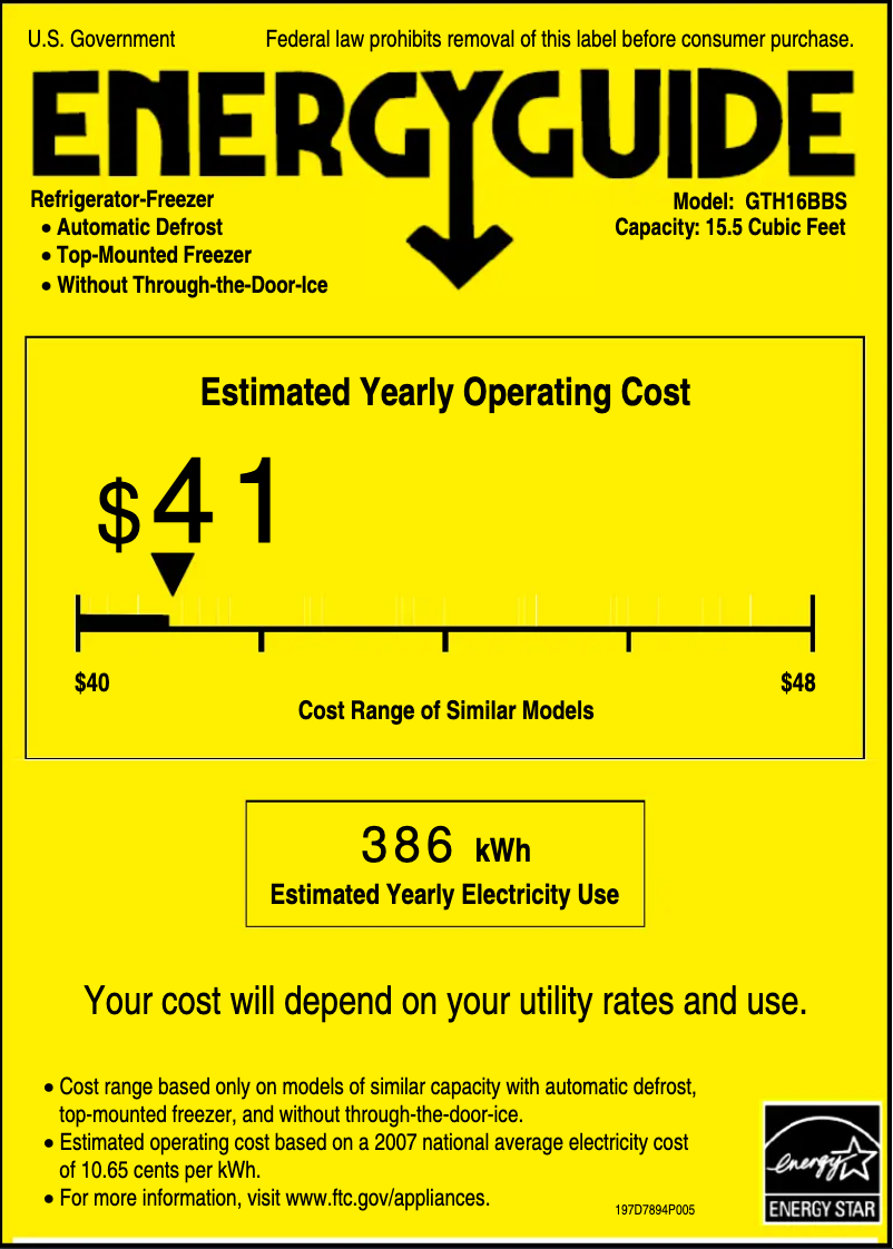 Page 1 of the manual Energy Label GE GTH16BBSLBB