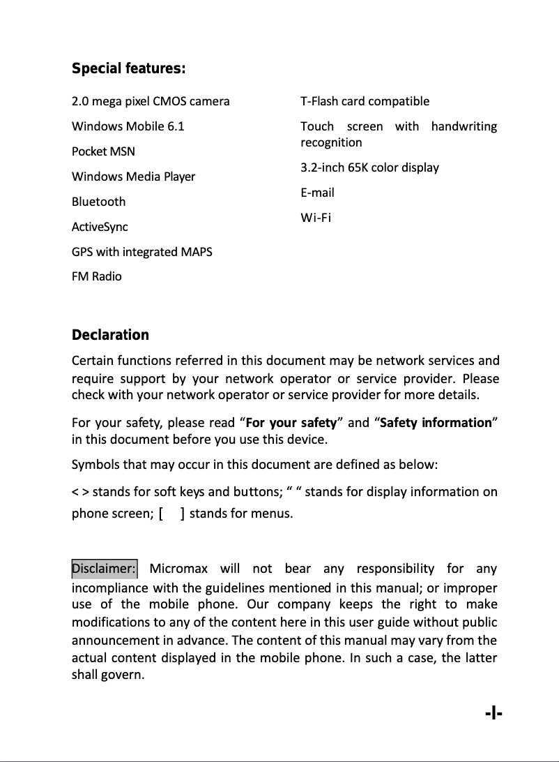 Page 1 de la notice Manuel utilisateur Micromax W900