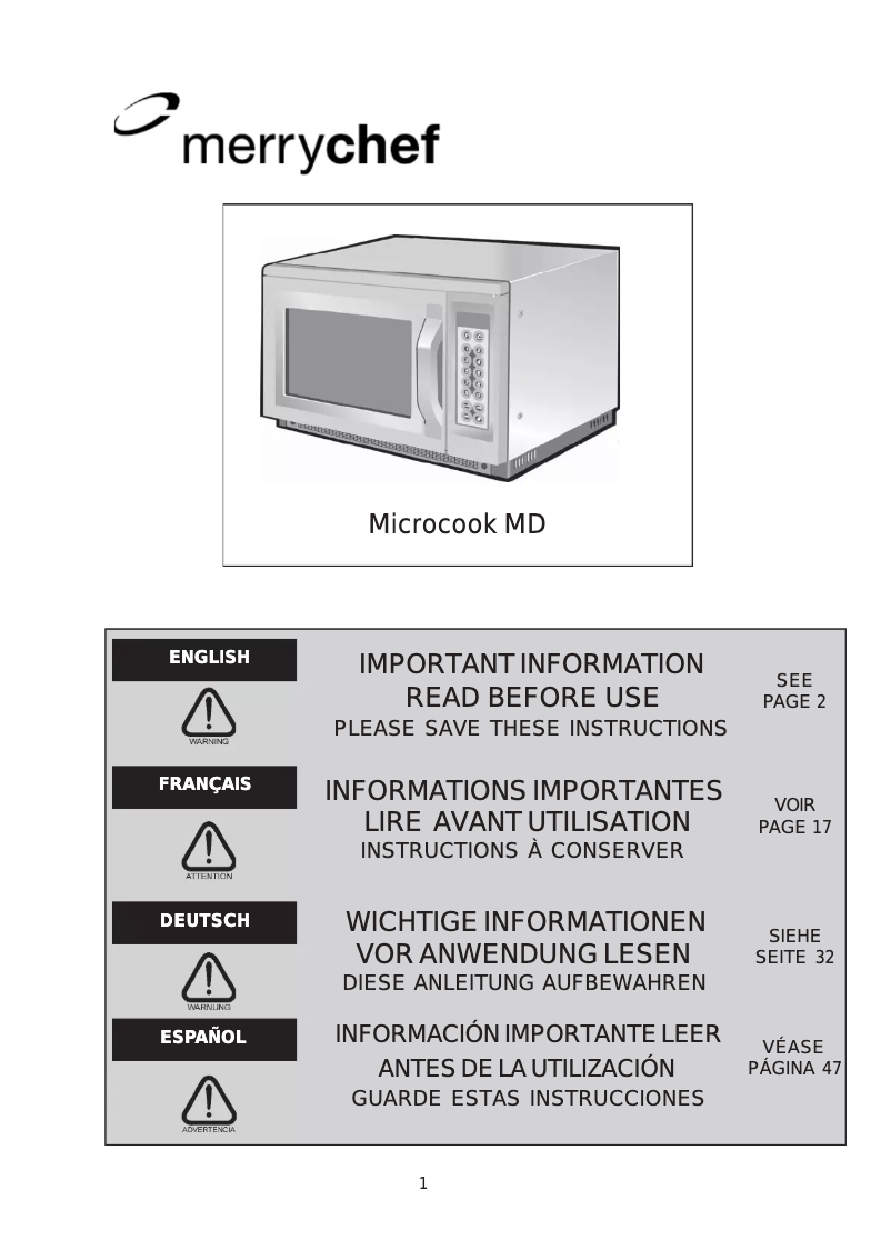 Page n°1 - Manuel utilisateur Merrychef MD1800 microcook