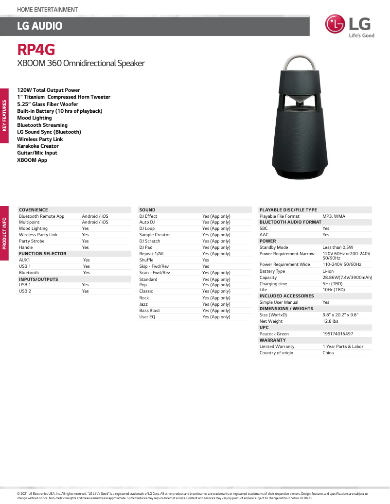 Página 1 del manual Ficha técnica LG RP4G