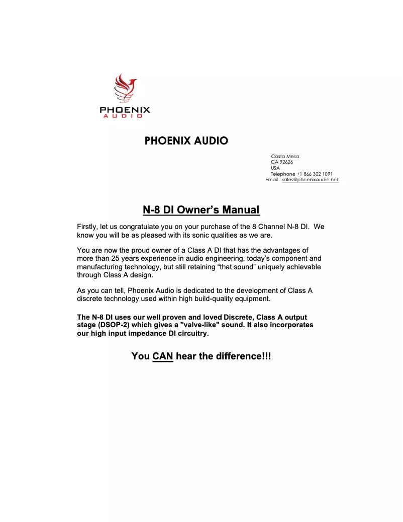 Page 1 de la notice Manuel utilisateur Phoenix Audio N-8 DI