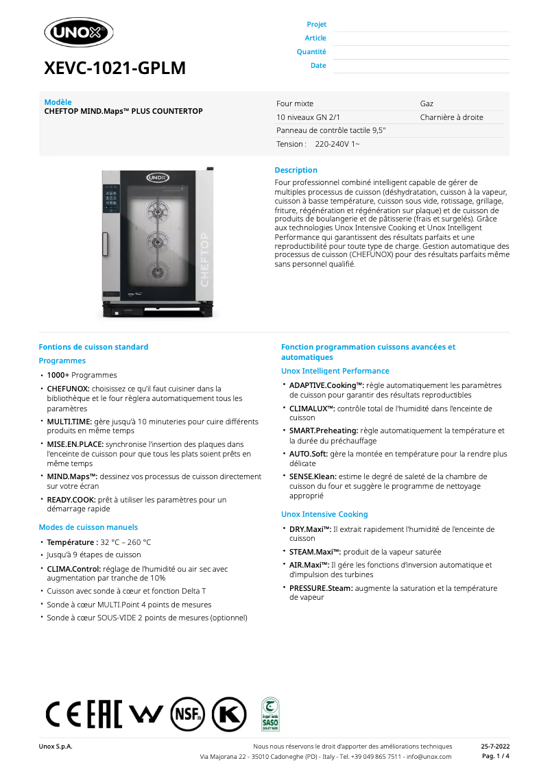 Página 1 del manual Ficha técnica Unox CHEFTOP MIND.Maps PLUS