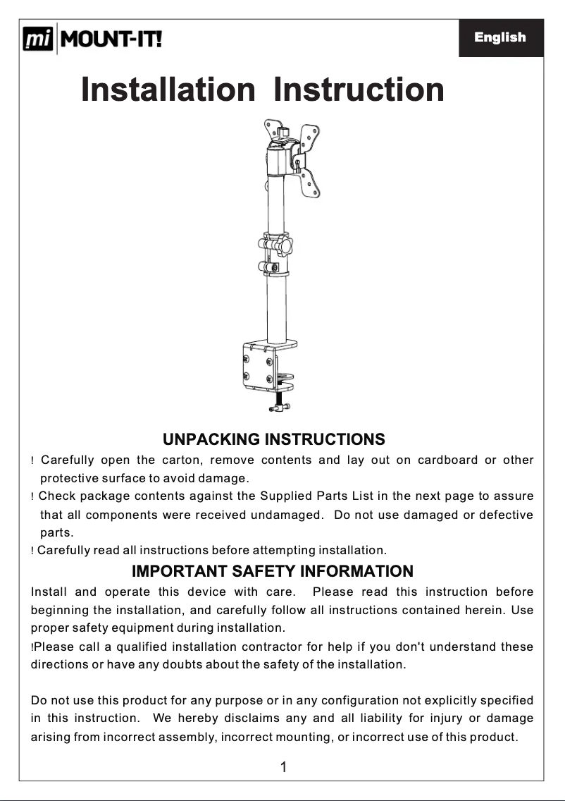 Page 1 de la notice Manuel utilisateur Mount-It! MI-706