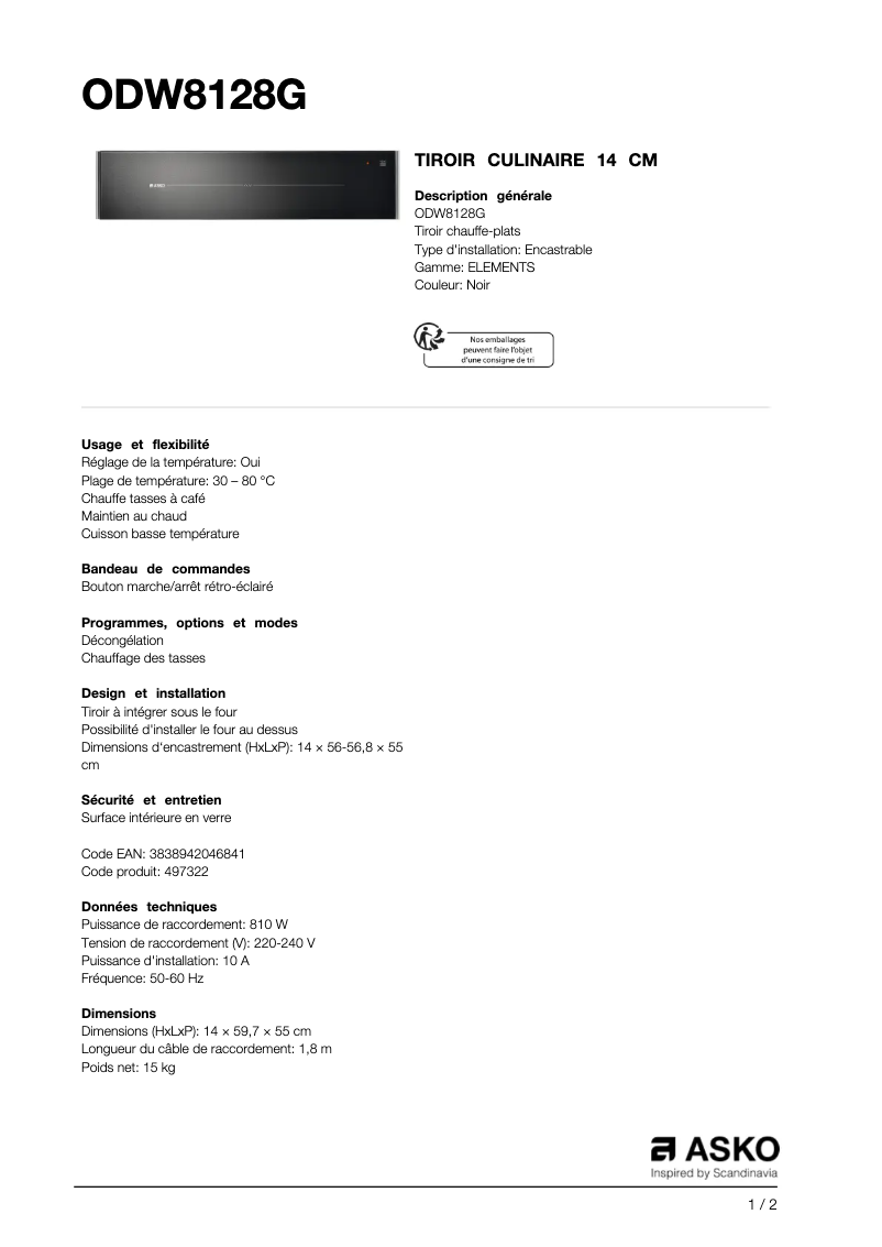 Page 1 de la notice Fiche technique Asko ODW8128G