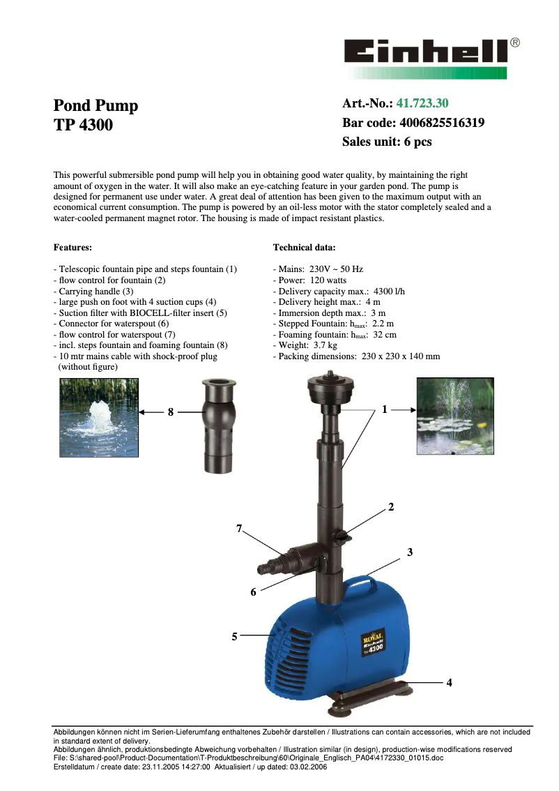 Page n°1 - Fiche technique Einhell Royal TP 4300