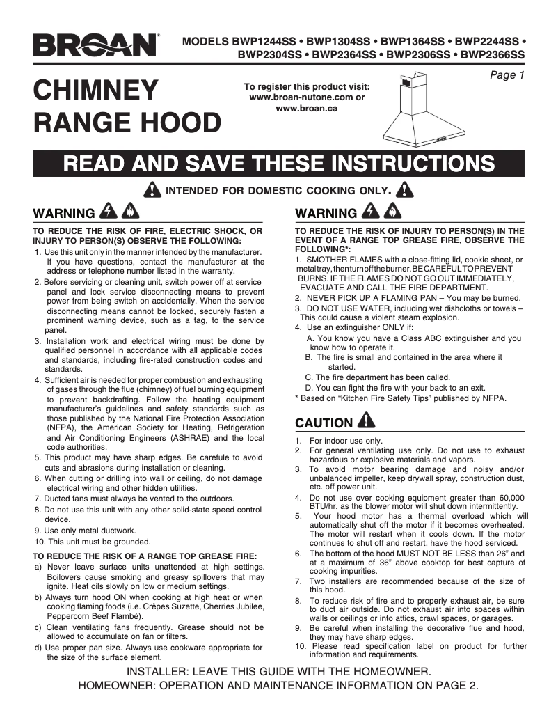 Page 1 of the manual Installation Guide Broan BWP1304SS