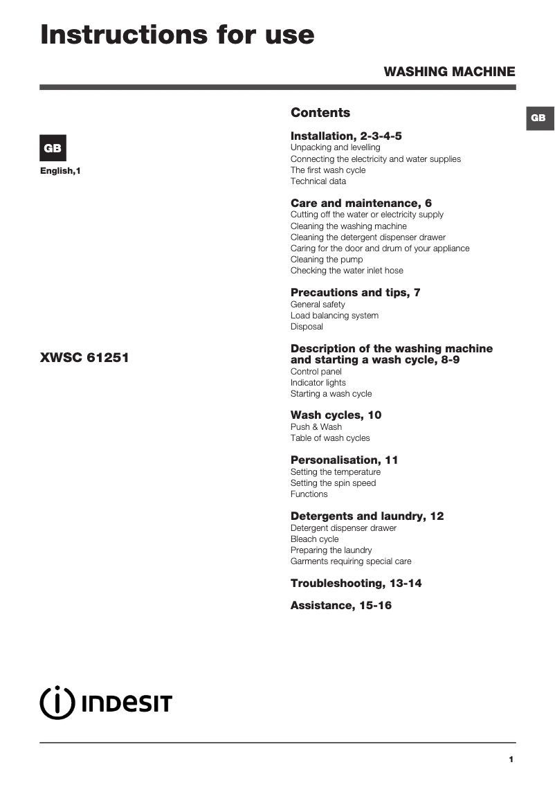 Página 1 del manual Manual de instrucciones Indesit XWSC 61251 W UK