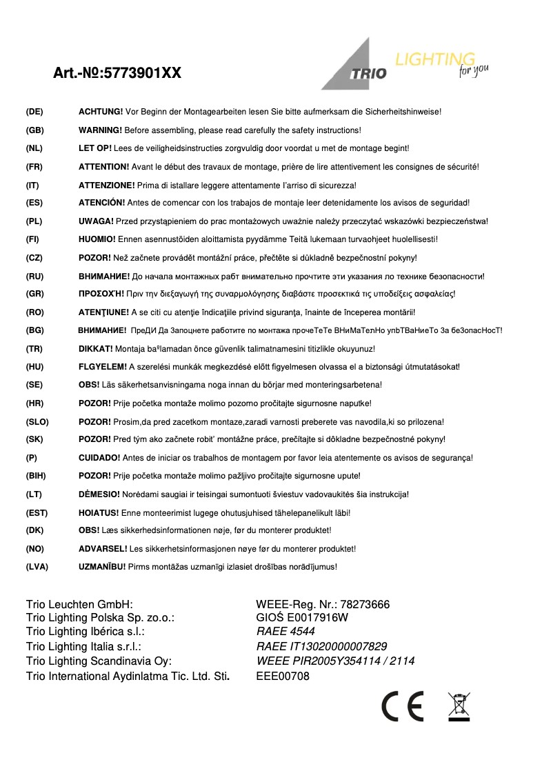 Page n°1 - Manuel utilisateur Trio Lighting Arko 577390101