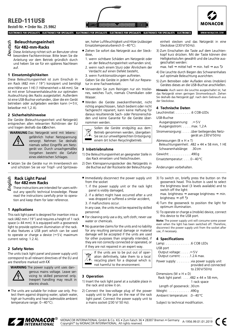 Page 1 de la notice Manuel utilisateur Monacor RLED-111USB