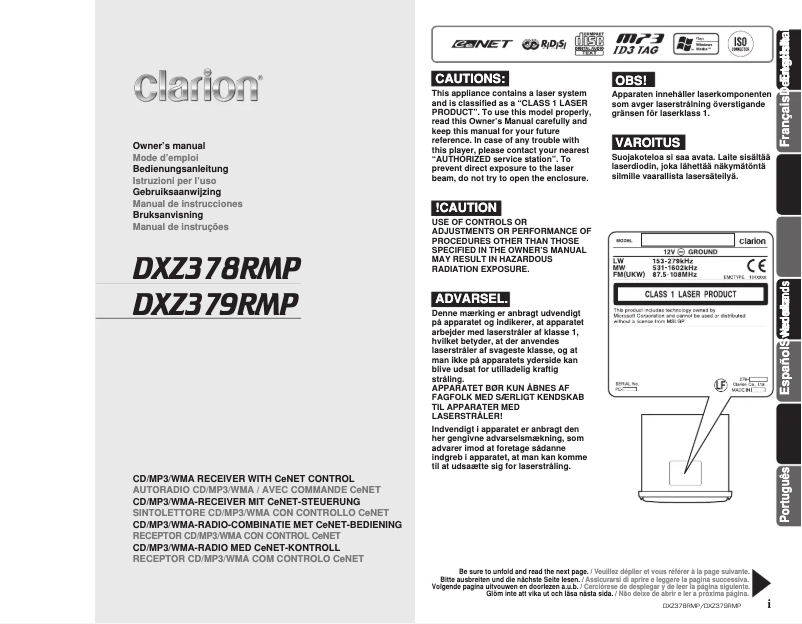Page n°1 - Manuel utilisateur Clarion DXZ378RMP
