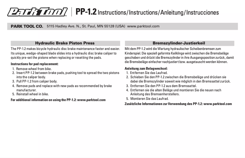 Page n°1 - Manuel utilisateur Park Tool PP-1.2