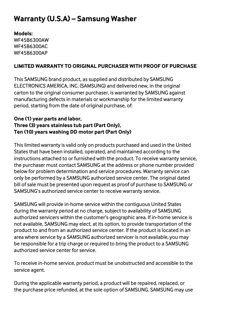 Page 1 de la notice Informations de garantie Samsung WF45B6300AW