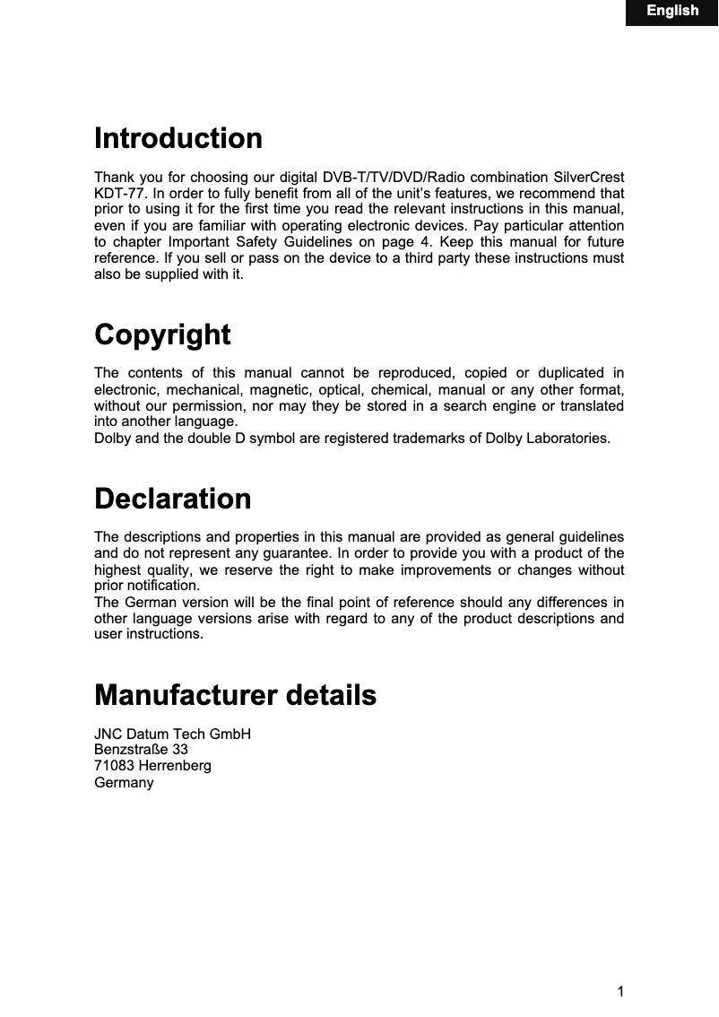 Page 1 de la notice Manuel utilisateur SilverCrest KDT-77