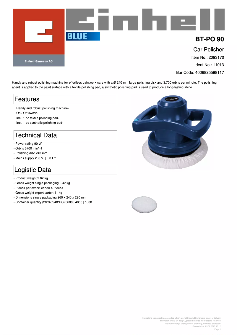 Page n°1 - Fiche technique Einhell BT-PO 90