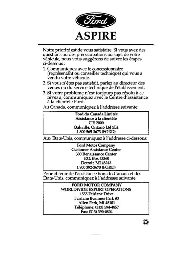 Page n°1 - Mode d'emploi Ford Aspire (1996)