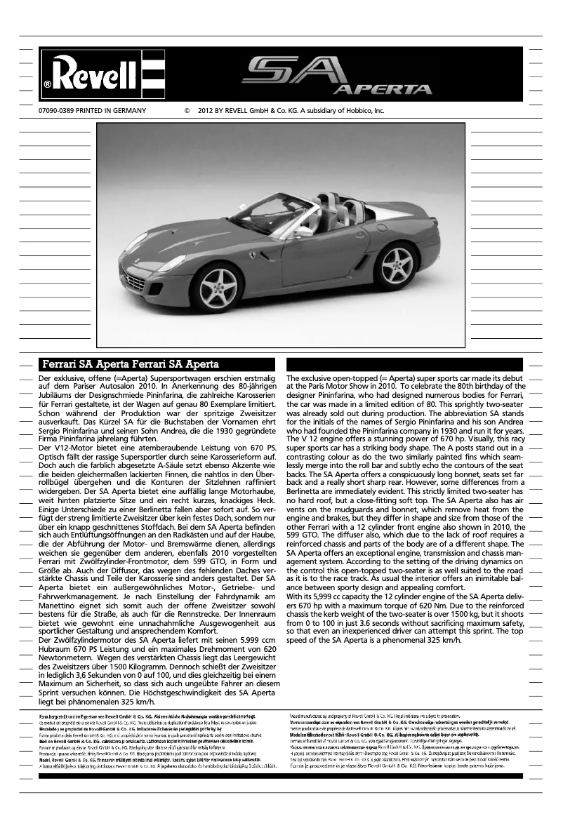 Page 1 de la notice Manuel utilisateur Revell Ferrari SA Aperta