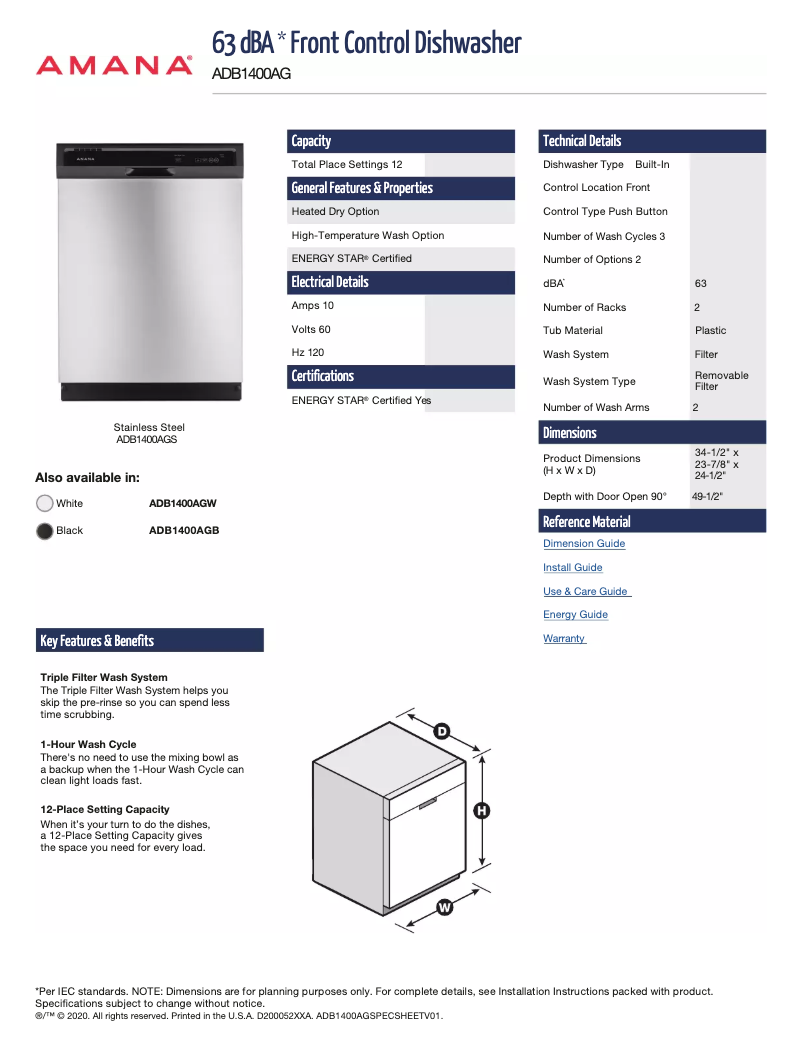 Page 1 de la notice Fiche technique Amana ADB1400AGS