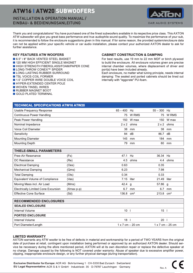 Page 1 de la notice Manuel utilisateur Axton ATW20