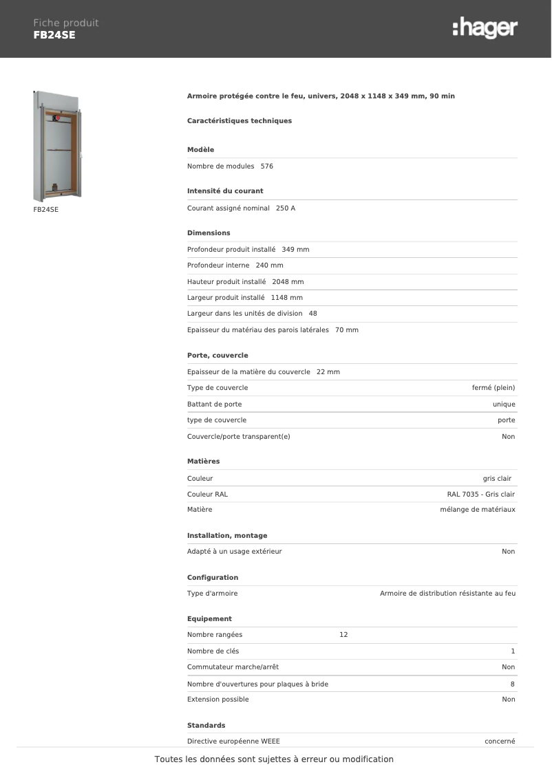 Page 1 de la notice Fiche technique Hager FB24SE