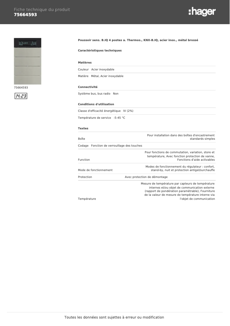 Page n°1 - Fiche technique Hager 75664593