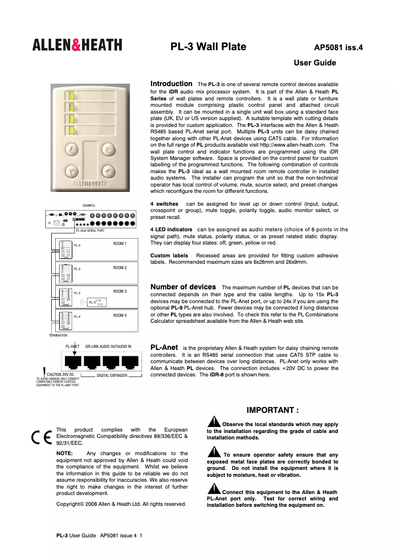 Page 1 de la notice Manuel utilisateur Allen & Heath PL-3